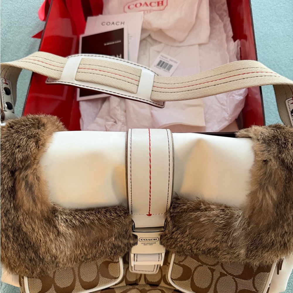 Coach Cream and Brown Fur Accent Bag